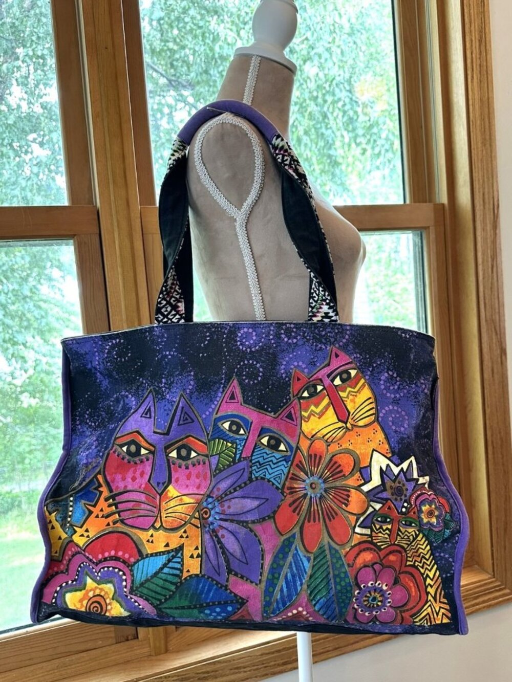 Laurel Burch Laurel's Garden Cats Floral Large Canvas Tote Bag Purple 20"